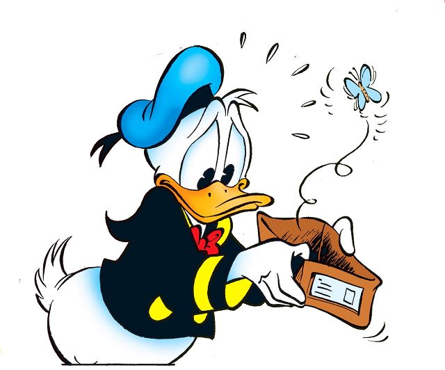 Cartoon Donald Duck mit leerem Portemonnaie